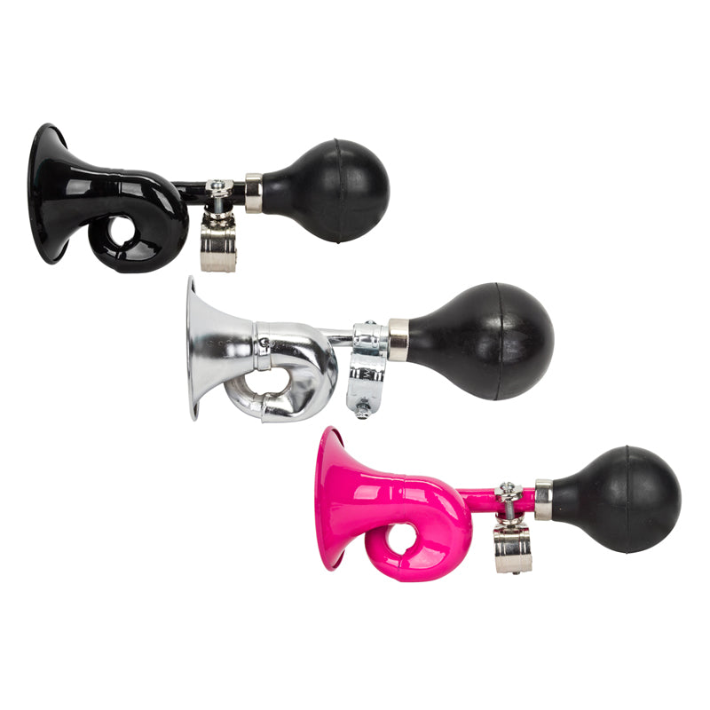 Bugle Handlebar Horn close-up, featuring a traditional squeeze-bulb design mounted on a bicycle handlebar, ideal for alerting others with its distinctive honk.