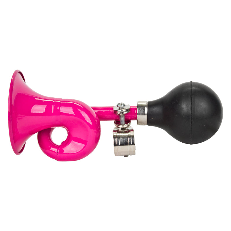 Bugle Handlebar Horn with a black rubber bulb attached to a pink horn, designed for bicycle handlebars.