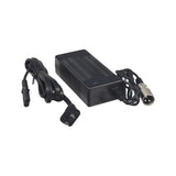 24 Volt 2.0 Amp XLR Battery Charger featuring a black power supply with attached wires and plug. Suitable for mobility scooters and power chairs, includes LED indicators and safety features for reliable charging.