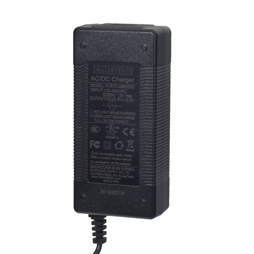 24 Volt Bladez XTR Battery Charger with XLR connector and cord, featuring a close-up of the multi-color LED light indicator and text displaying specifications. Suitable for Bladez XTR 24V battery packs.