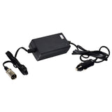 24 Volt 1.5 Amp XLR Battery Charger with Car Cigarette Lighter DC Input for recharging mobility scooters and power chairs, featuring a long cord and car cigarette lighter plug for convenient on-the-go charging.