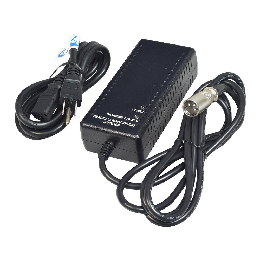 24 Volt 2.0 Amp XLR Battery Charger for eWheels EW-M33, EW-M34, EW-M35, & EW-M39 Scooters. Black power supply with attached wires and 3-prong male XLR plug.