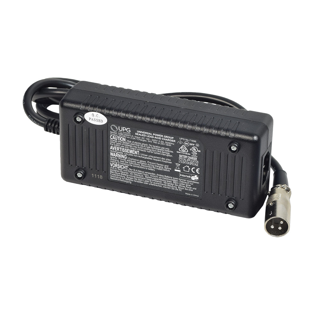 24 Volt 2.0 Amp XLR Battery Charger for the Zip'r Roo Mobility Scooter, featuring a black power supply with attached wires and a 3-prong adapter plug.