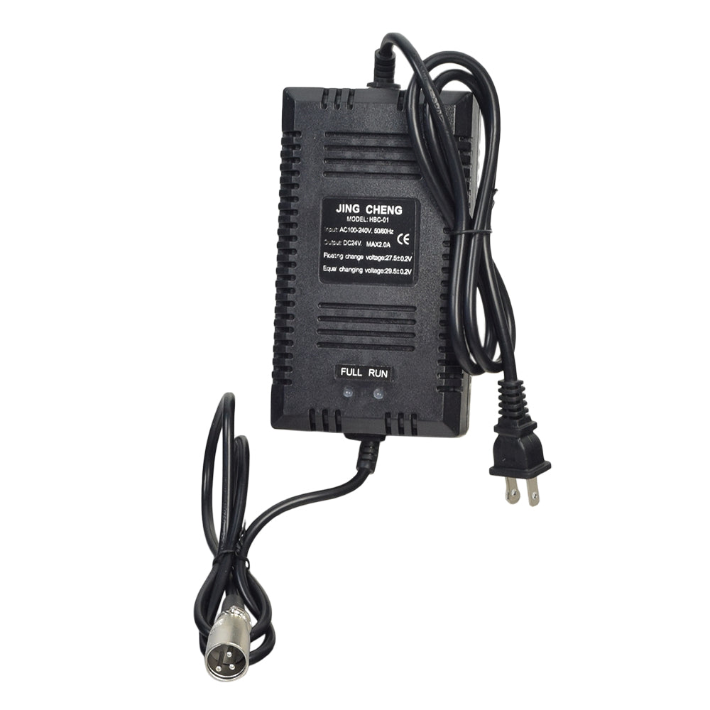 24 Volt 2.0 Amp XLR Battery Charger (Standard) with black cables and LED indicators for charge status, designed for electric scooters using XLR connectors.