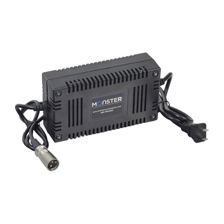 24 Volt 2.0 Amp XLR Battery Charger (Standard) with visible cables and multiple LED indicators for charge status. Suitable for electric scooters using XLR connectors, matching OEM specifications.