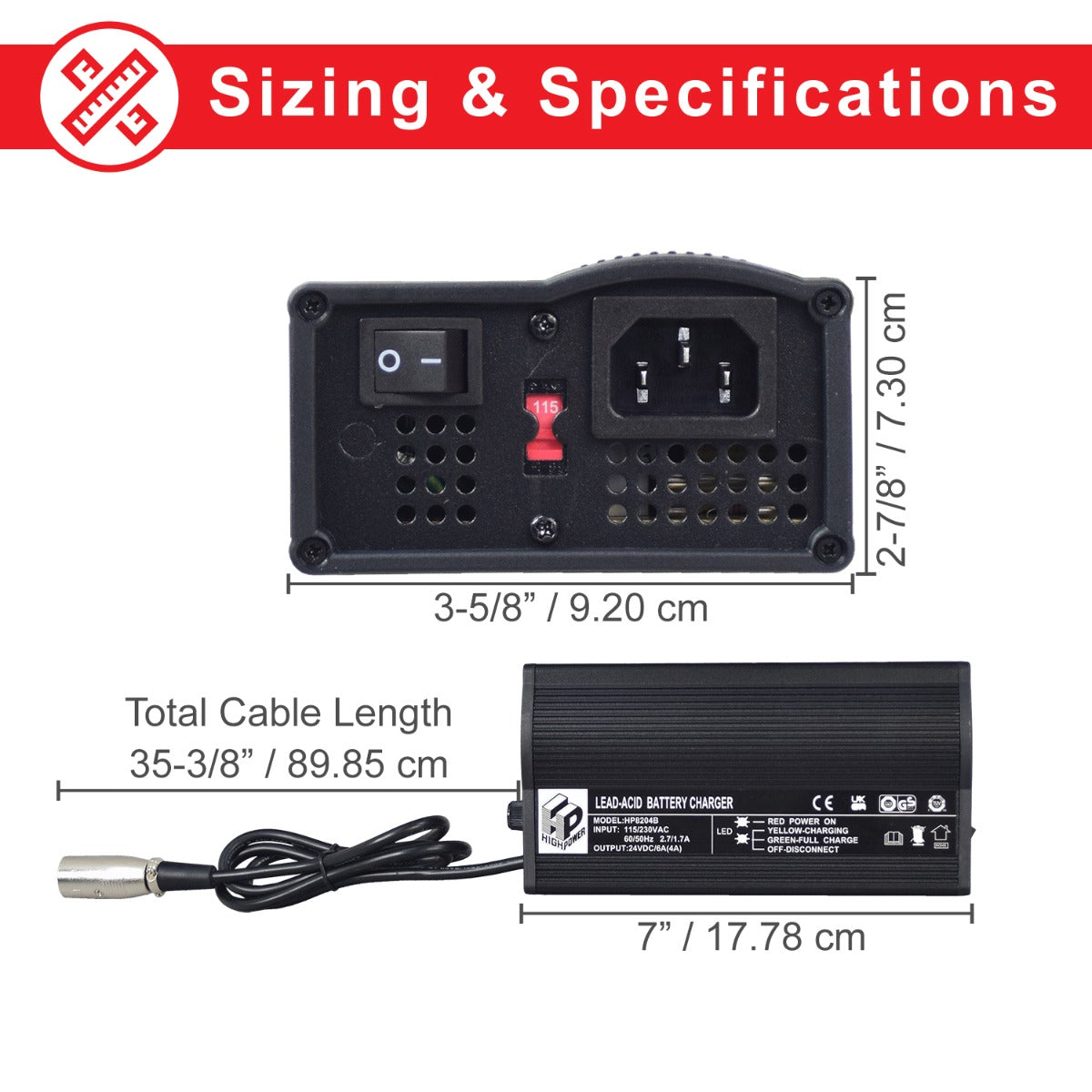 24 Volt 4.0 Amp XLR HP8204B Battery Charger, a black electrical device with an XLR cable, shown up-close, revealing its power supply and charging ports.