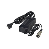 24 Volt 1.5 Amp XLR Battery Charger by AlveyTech, featuring a black power cord with a plug and a standard XLR connector, suitable for scooters and electric power chairs with AGM lead batteries.