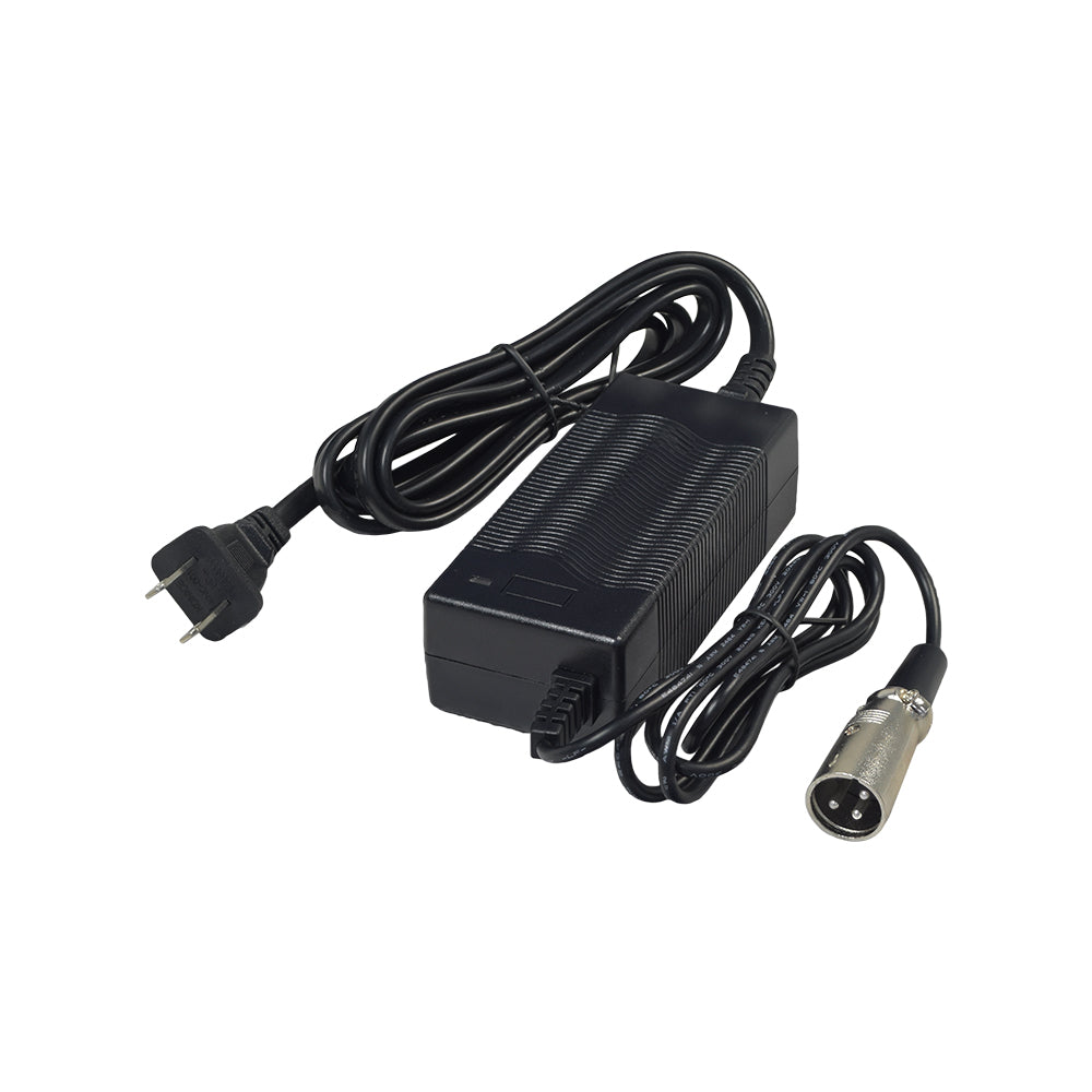 24 Volt 1.5 Amp Modified 3-Pin QL-09005-B2401500H Bike Battery Charger, featuring a black power cord with a plug and XLR connector, ideal for Mongoose and IZIP electric bicycles.