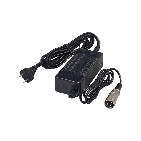 24 Volt 1.5 Amp XLR Battery Charger for Mongoose M150, M250, & M350 Scooters, shown with a black power cord, plug, and cable connector, suitable for electric scooters using AGM lead batteries.