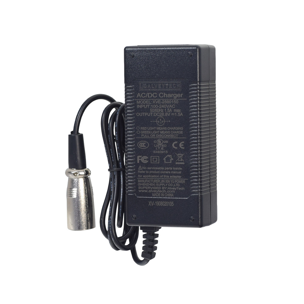 24 Volt 1.5 Amp XLR Battery Charger for Mongoose Scooters featuring a black charger with a silver XLR connector, suitable for AGM lead batteries with automatic shut-off and LED indicators for charging status.