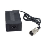 36 Volt 1.5 Amp XLR Battery Charger for electric scooters and bikes, featuring a black power adapter with a cable and plug, and LED indicators for charging status.