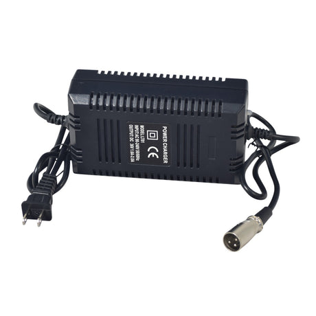 36 Volt 1.8 Amp XLR Battery Charger (Standard) featuring a compact black power unit with attached wires and multiple LED indicators for charge status.