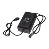 24 Volt 1.6 Amp XLR Battery Charger (Standard) shown with attached wires and XLR connector, designed for electric scooters. Features include an LED charge status indicator and an automatic shut-off function.