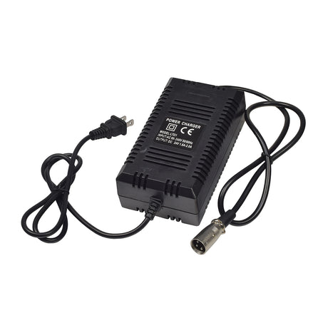 24 Volt 1.6 Amp XLR Battery Charger for Schwinn S180 & S300 Scooters shown with multiple LED lights and attached wires, suitable for scooters using the XLR connector.