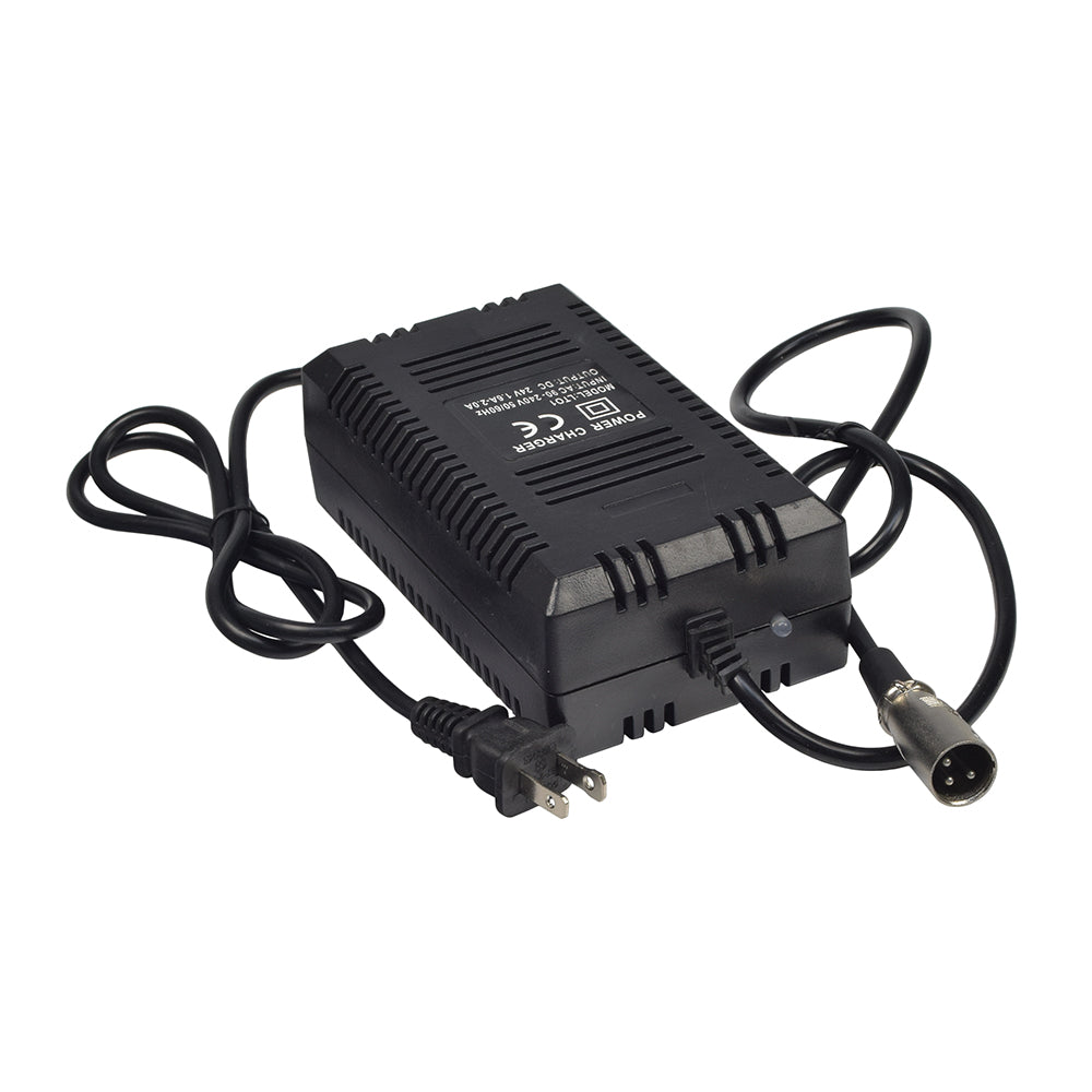 24 Volt 1.6 Amp XLR Battery Charger (Standard) with attached wires, featuring an XLR connector and LED light indicator for charge status. Suitable for most electric scooters.