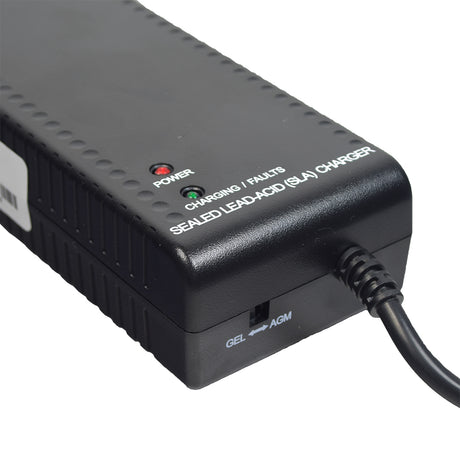 24 Volt 5.0 Amp XLR 24BC5000T-4 AGM/Gel Battery Charger, with a black power supply, cord, and close-up of connectors.