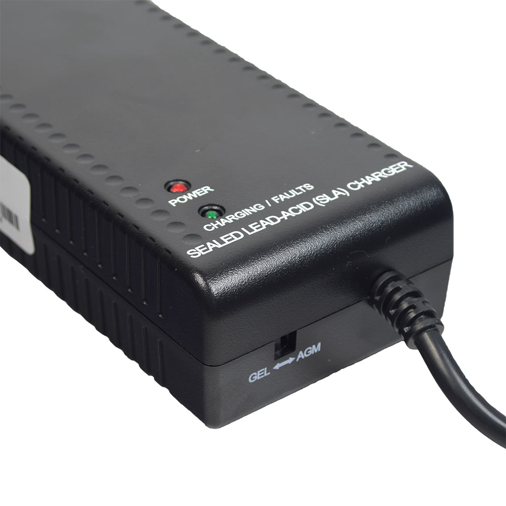 24 Volt 5.0 Amp XLR AGM/Gel Battery Charger for the Mega Motion Endeavor X showing a black power supply with a cord, a close-up of its black cable, and white text on its surface.