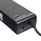 24 Volt 5.0 Amp XLR 24BC5000T-4 Battery Charger with a black power supply and cord, featuring a close-up of a black cable and surface with white text.