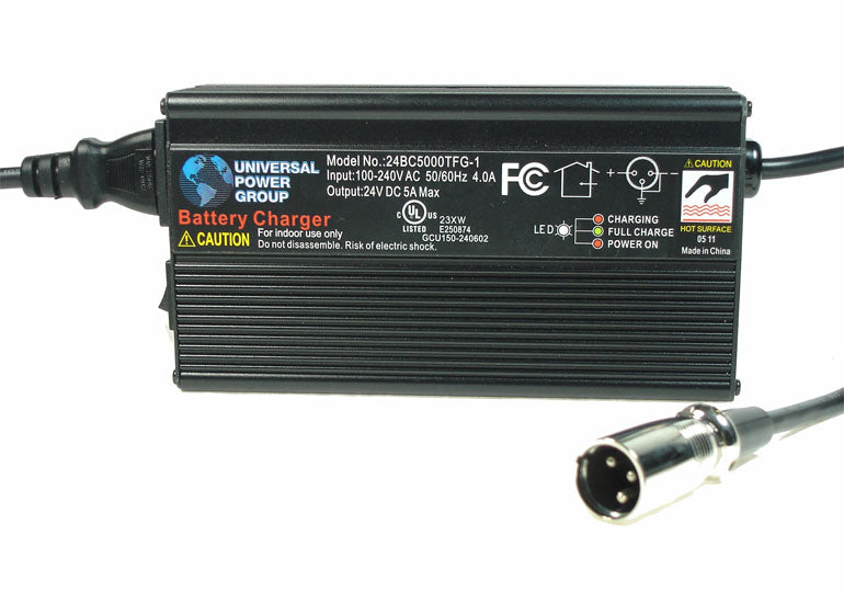 24 Volt 5.0 Amp XLR 24BC5000TFG-1 AGM/Gel Battery Charger (Blemished) featuring a black body with a silver connector, close-up showing the plug and power supply components.