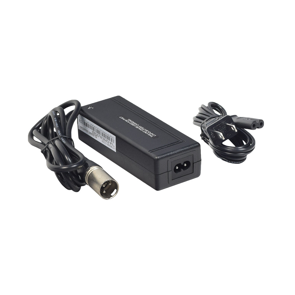 24 Volt 2.0 Amp XLR GC99D060028, SA60-3015U Battery Charger for Shoprider Featherlite and Smartie Lithium Batteries, showing a black power supply with attached wires and LED indicators.