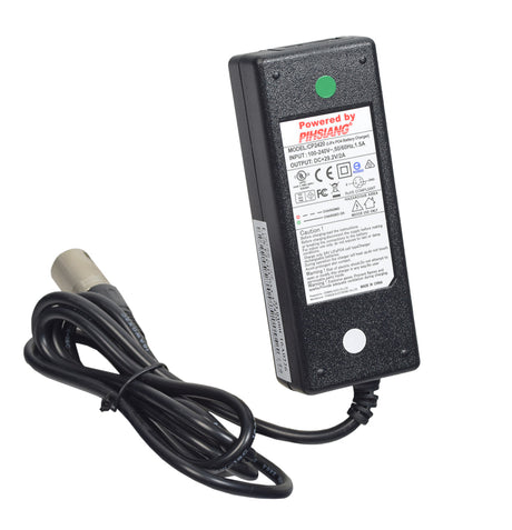 24 Volt 2.0 Amp XLR GC99D060028, SA60-3015U Battery Charger for Shoprider Featherlite and Smartie Lithium Batteries, featuring a black power cord, white label, and LED indicators on the charger.