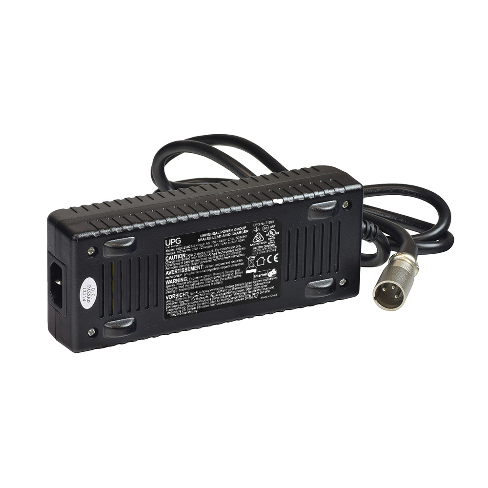 24 Volt 3.5 Amp XLR 24BC3500T-4 Battery Charger with attached black cable and visible label, highlighting its compact design and LED indicators for power and charging status.