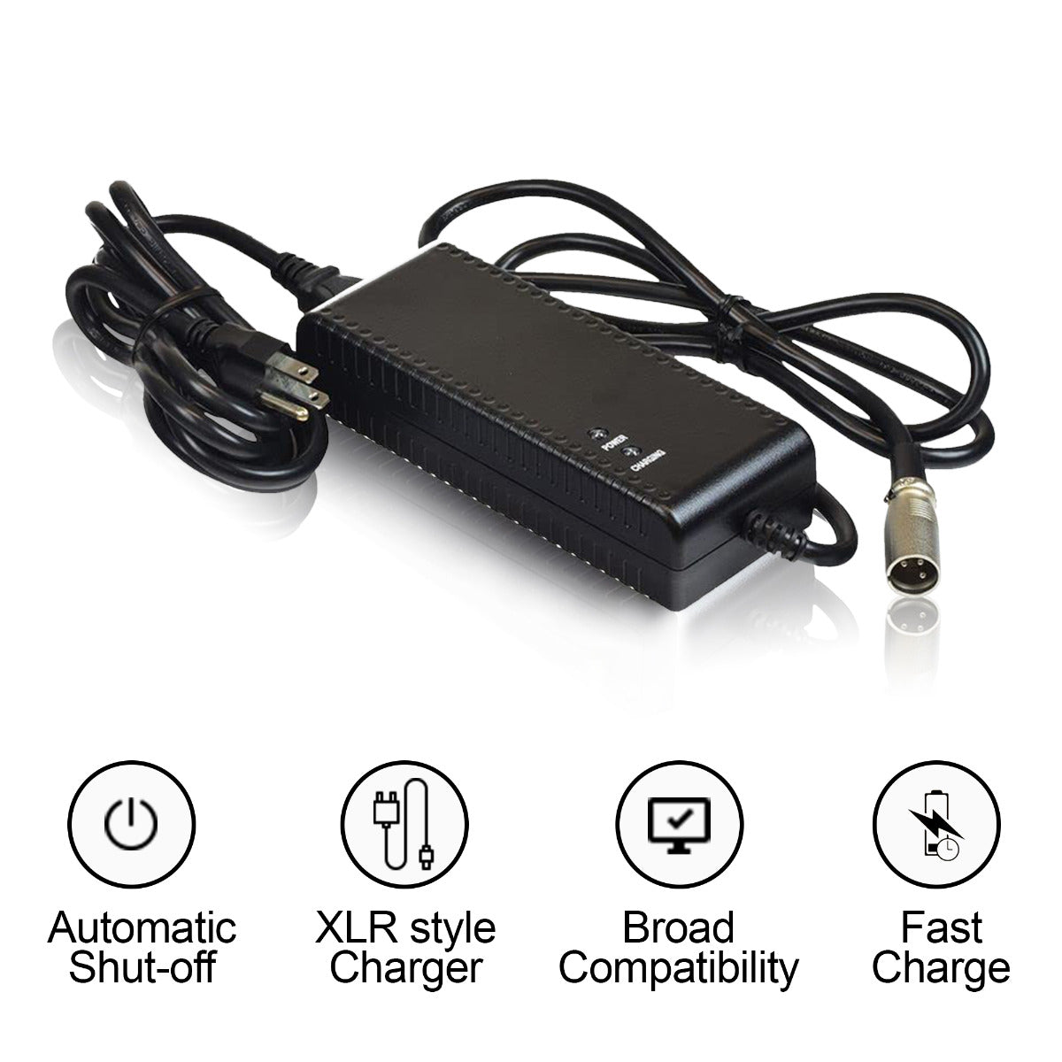 24 Volt 3.5 Amp XLR 24BC3500T-4 Battery Charger by UPG, showcasing its black power supply with connected wires, LED indicators, and safety features designed for mobility scooter applications.