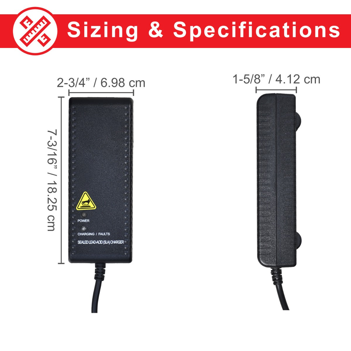 24 Volt 3.5 Amp XLR 24BC3500T-4 Battery Charger, side and top view, showcasing LED indicators and safety features for mobility applications.