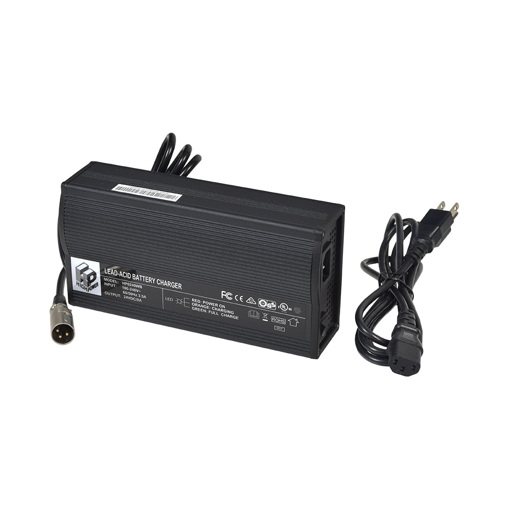 24 Volt 8.0 Amp XLR HP0240WB Compact Battery Charger, a black rectangular device with visible cables and white text, designed for mobility scooters and electric power chairs.