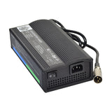 24 Volt 8.0 Amp XLR HP0240WB Compact Battery Charger featuring a black electronic device with wires, a plug, and a close-up view of the charger, ideal for mobility scooters and electric power chairs.