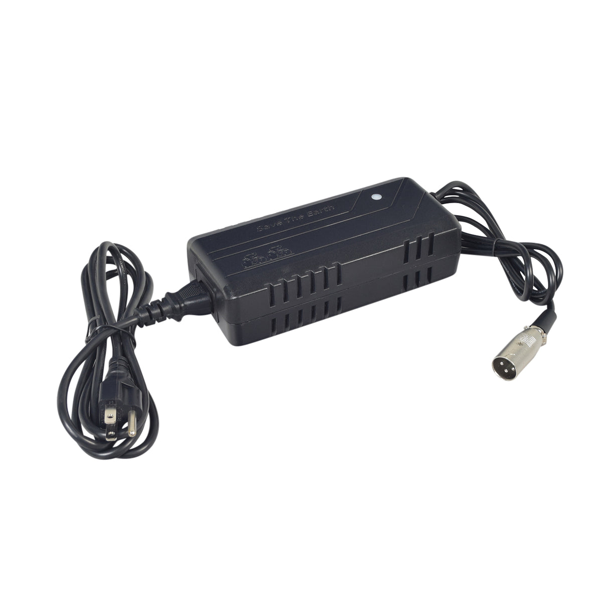 36 Volt 3.0 Amp XLR Lithium-ion HP1202L3 Battery Charger with attached power cords and XLR connector, designed for e-bikes and 36V scooters, shown on a white background.