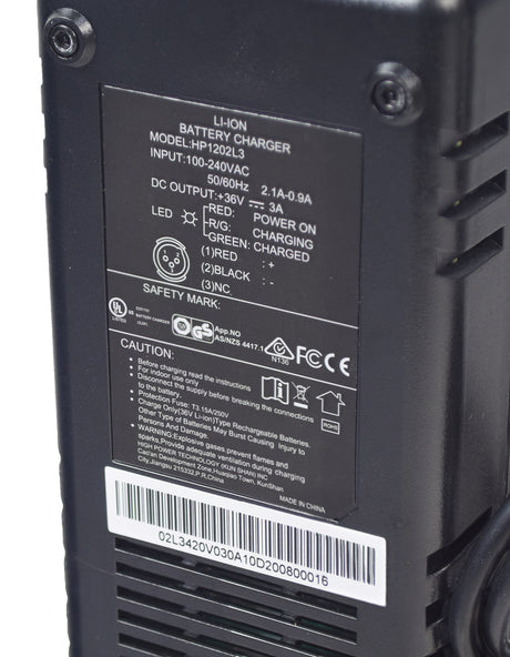 Close-up of the 36 Volt 3.0 Amp XLR Lithium-ion HP1202L3 Battery Charger, highlighting the charger ports and LED indicators for electric bikes and scooters.