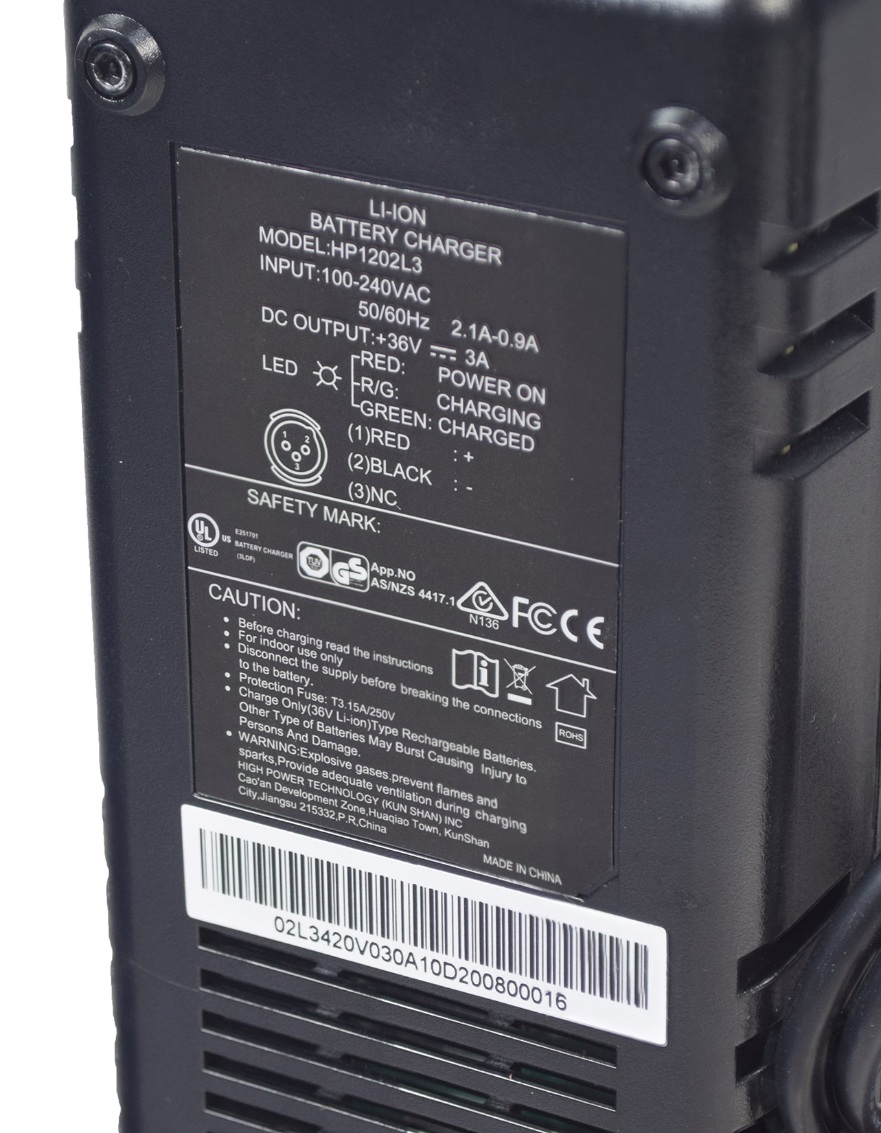 Close-up of the 36 Volt 3.0 Amp XLR Lithium-ion Battery Charger for Emmo Electric Bicycles, showing the charger unit and LED indicator labels for charging status.