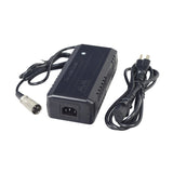 36 Volt 3.0 Amp XLR Lithium-ion HP1202L3 Battery Charger with attached wires, designed for fast recharging e-bike and scooter lithium-ion batteries, featuring LED indicators for charging status.