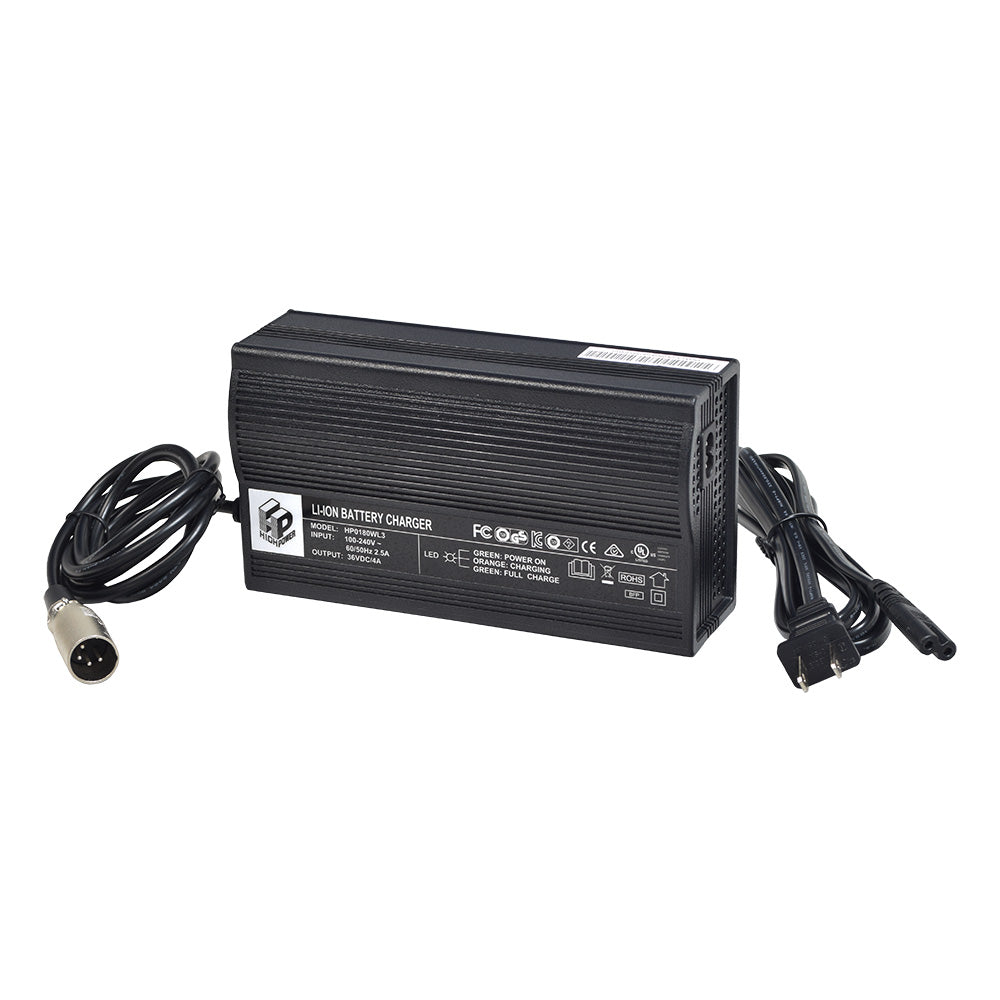 36 Volt 4.0 Amp XLR-4 HP8204L Li-ion Electric Bike Battery Charger, featuring a black body with visible power cords and wires, designed for IZIP e-bikes using 36V Li-ion battery systems.