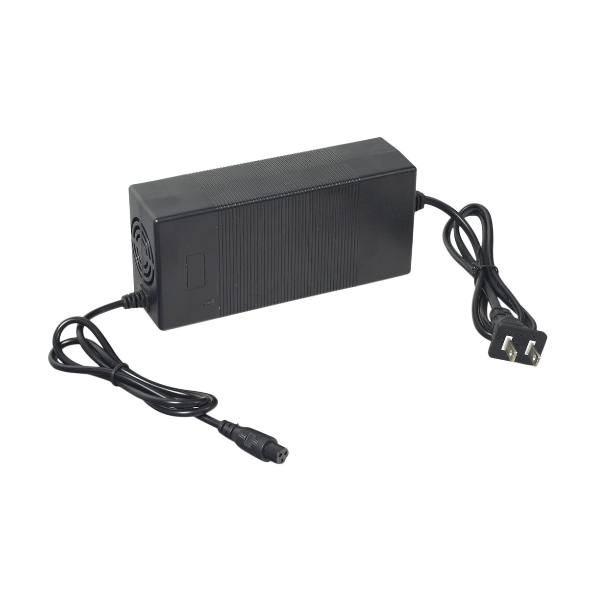 36 Volt Lithium Battery Charger with Mini 3-Prong Connector for the Gyroor Warrior G2 Self-Balancing Hoverboard, featuring a black power supply with attached wires and a plug.