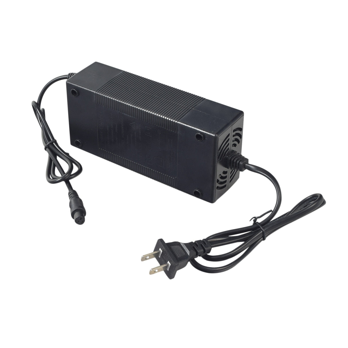 36 Volt Lithium Battery Charger with Mini 3-Prong Connector for the Viro Rides Ul 2272 Free-Style Hoverboard, shown with attached black power cord and plug, designed specifically for Li-ion battery systems.