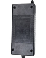 36 Volt Lithium Battery Charger for Self Balancing Hoverboard Scooters with Mini 3-Prong Connector, shown as a black rectangular object with screws and a small connector.