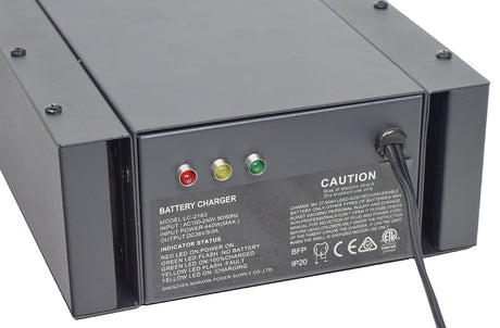 Close-up of a 36 Volt 8.0 Amp XLR Battery Charger for the Pride Pursuit Sport, showing multiple LEDs for charge indication and a robust design suitable for sealed lead acid (SLA) batteries.