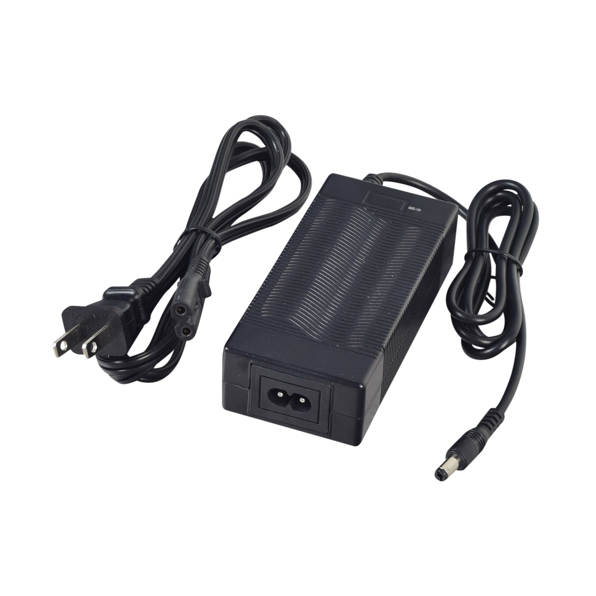 42 Volt Charger for Swagtron SwagCycle Series Electric Bikes, featuring a coaxial connector and integrated power cord, designed for Lithium-ion batteries of SwagCycle Classic, Envy, and Pro models.