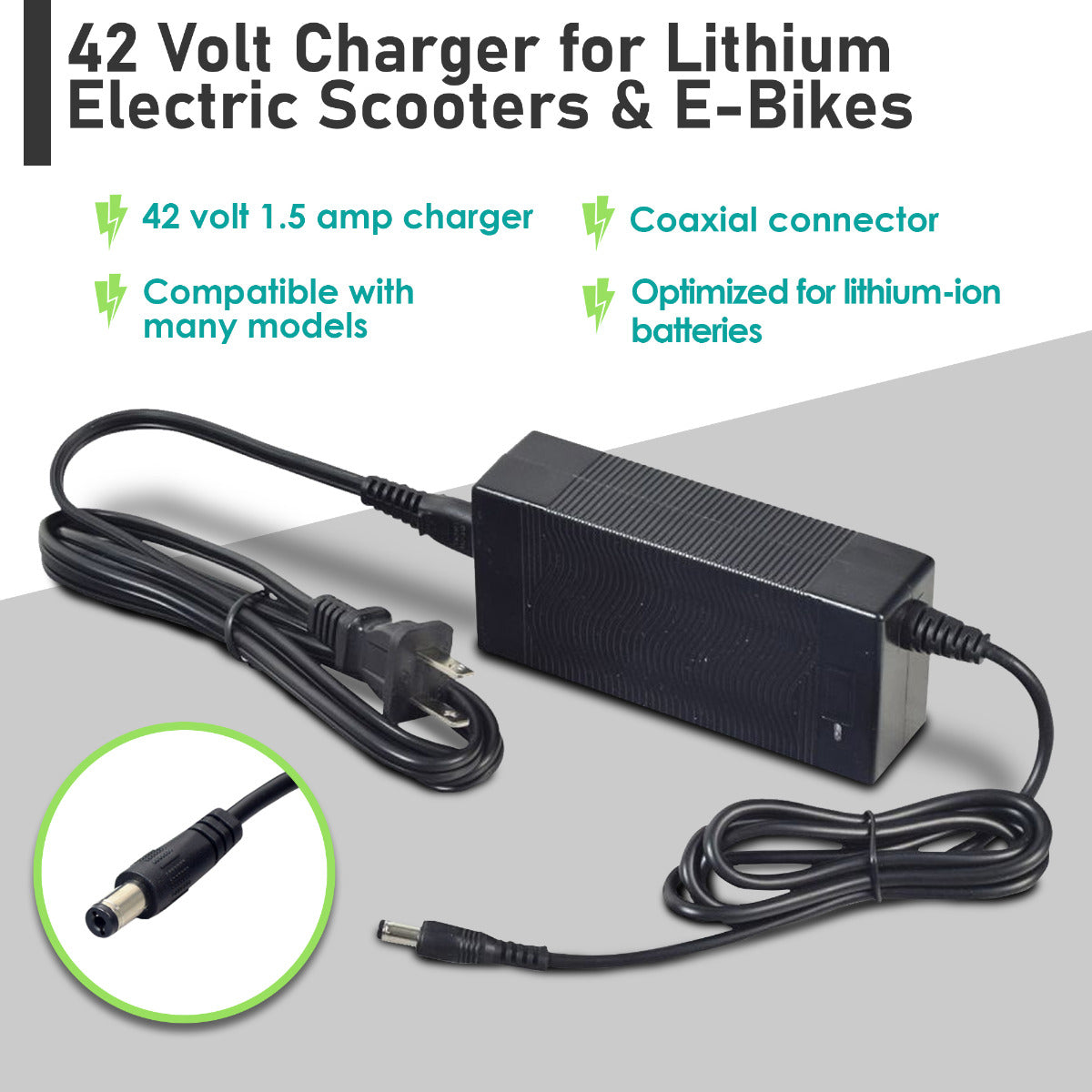 42 Volt Charger for Lithium Electric Scooters & E-Bikes showing a black power cord with a rectangular adapter and coaxial connector, designed for compatible scooter models and optimized for Lithium-ion batteries.