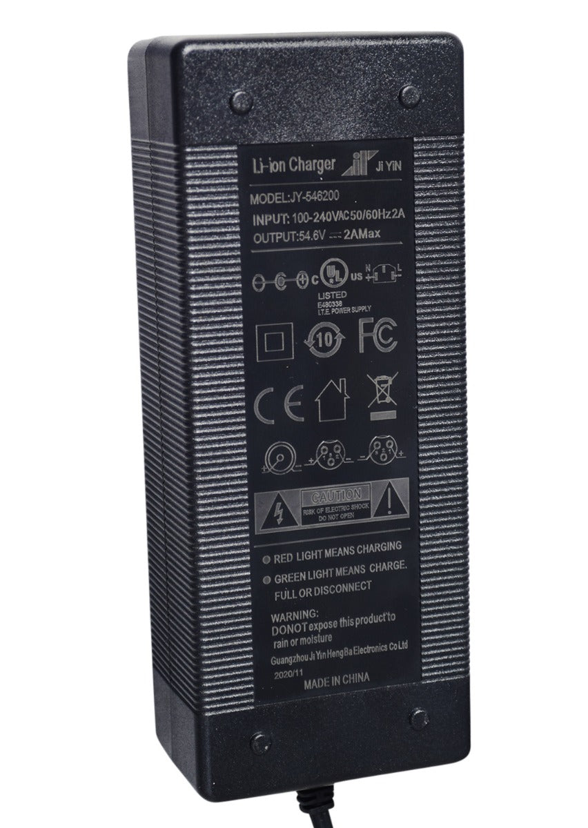 54 Volt 2.0 Amp Charger for Lithium Electric Scooters & E-Bikes with text on a black rectangular label, featuring a coaxial connector optimized for Lithium-ion batteries.