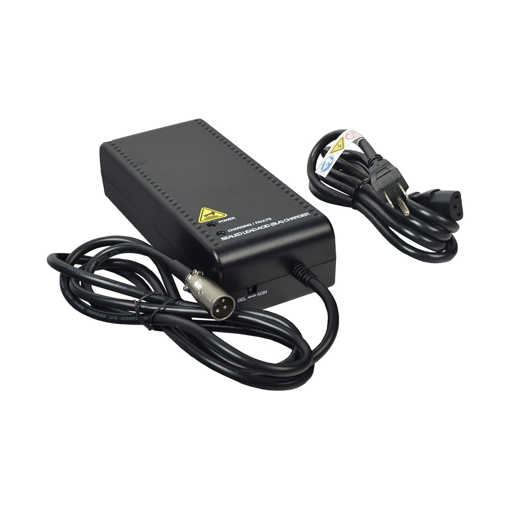 24 Volt 8.0 Amp XLR 24BC8000T-4 Battery Charger by UPG, featuring visible wires and connectors, shown close-up with cables and label details, ideal for Gel and AGM batteries.