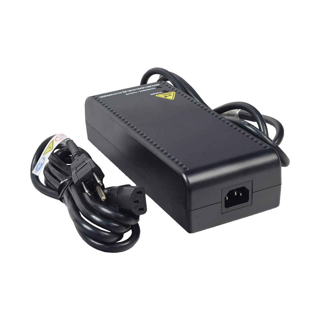 24 Volt 8.0 Amp XLR 24BC8000T-4 Battery Charger with attached black power cord and XLR connector, designed for Gel and AGM batteries, featuring an automatic shut-off and LED display indicators.