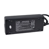 24 Volt 8.0 Amp XLR 24BC8000T-4 Battery Charger by UPG, featuring a black power supply with a cord and a close-up of a label displaying specifications.