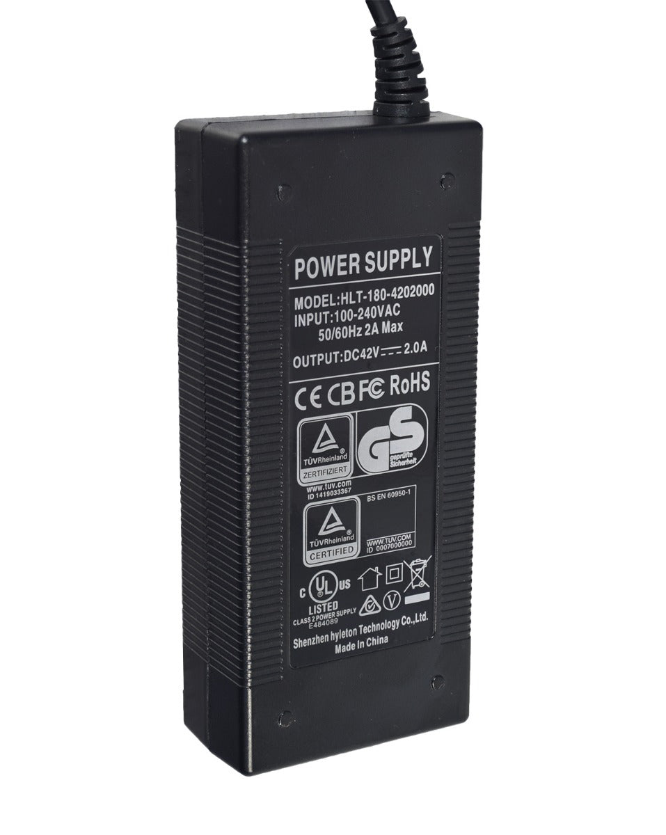 42 Volt 2.0 Amp Battery Charger for Lithium Electric Hiboy® Scooters, black with white labeling, featuring coaxial connector; suitable for models like Hiboy® S2 and S2R.