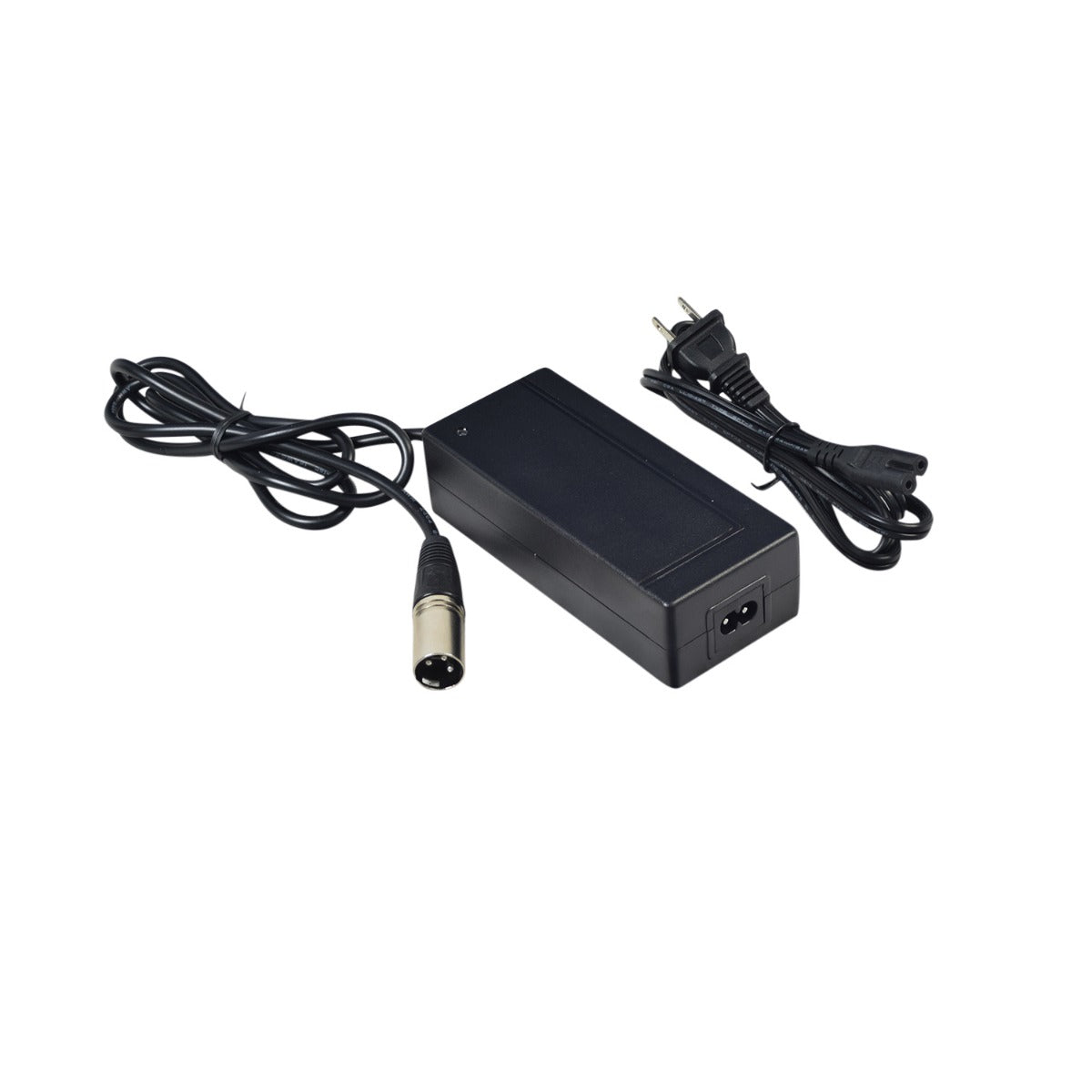 42 Volt 2 Amp XLR Lithium Battery Charger for the Swagtron EB6 Bandit Fat Tire Electric Bike, featuring a black power cord, XLR connector, and LED indicators for charging status.