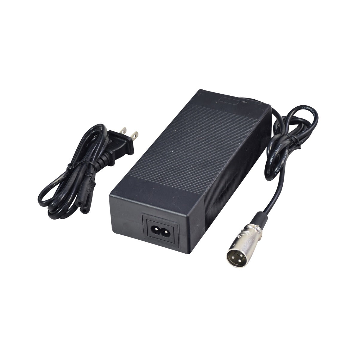 54.6 Volt 2 Amp Lithium XLR Battery Charger for Electric Bicycles with a 3-pin XLR plug and LED charging indicator light.