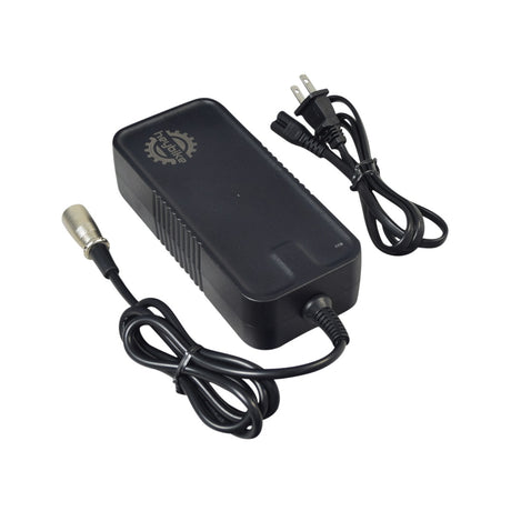 54.6 Volt 3 Amp Lithium XLR Battery Charger for the HeyBike Ranger Electric Bicycle, featuring a black power supply with attached wires and a singular LED indicator on the top side.