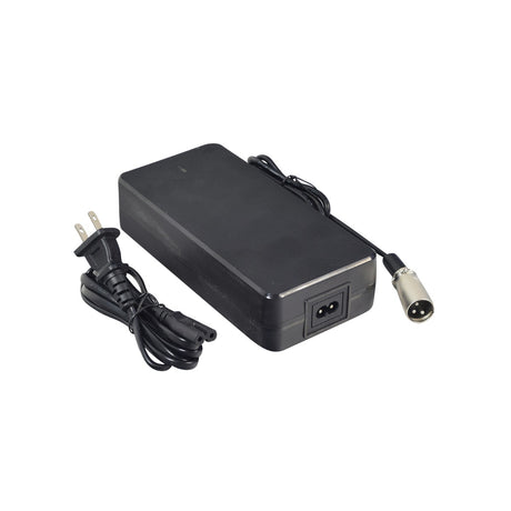 54.6 Volt 3 Amp Lithium XLR Battery Charger for Electric Bicycles, featuring a black power supply with a 3-pin XLR plug and an LED charging indicator light on top.